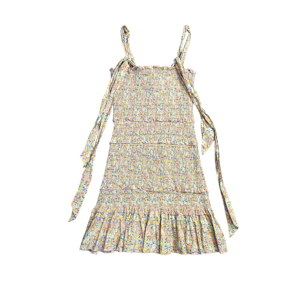 Mabel Yellow Floral Drop Waist Smocked Mini Dress Size Medium Spring Cottagecore